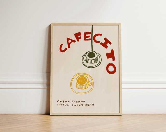 Cafecito Print, Coffee Trendy Cafe Retro Kitchen Poster, Colourful Art Hand Drawn Unframed - image 1