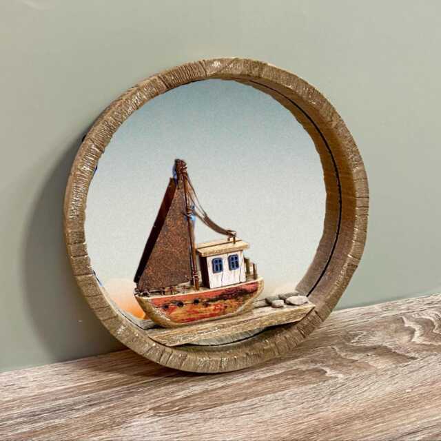 Rustic Boat Round Mirror Nautical Hook Wall Hanging Beach Seaside Living Indoor Decoration - image 1