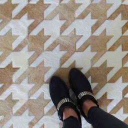 Beige & White Houndstooth Patchwork Cowhide Rug - Graphic Leather Rug, Handmade, Custom Size - thumbnail 2