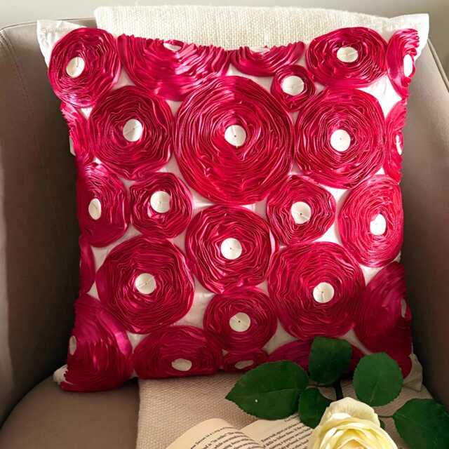 "Art Silk Fuchsia Pink Ribbon Embroidered Rose Decorative Pillow Sham, 24""x24""/26""x26" - image 1