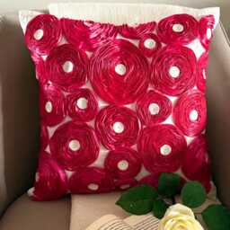 "Art Silk Fuchsia Pink Ribbon Embroidered Rose Decorative Pillow Sham, 24""x24""/26""x26"