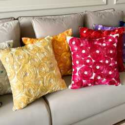 "Art Silk Fuchsia Pink Ribbon Embroidered Rose Decorative Pillow Sham, 24""x24""/26""x26" - thumbnail 3