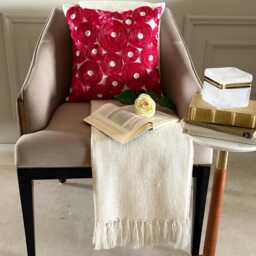 "Art Silk Fuchsia Pink Ribbon Embroidered Rose Decorative Pillow Sham, 24""x24""/26""x26" - thumbnail 2