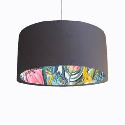 Dark Grey Velvet Lampshade With Blush Parrot Lining, Large Ceiling Lightshade - thumbnail 1
