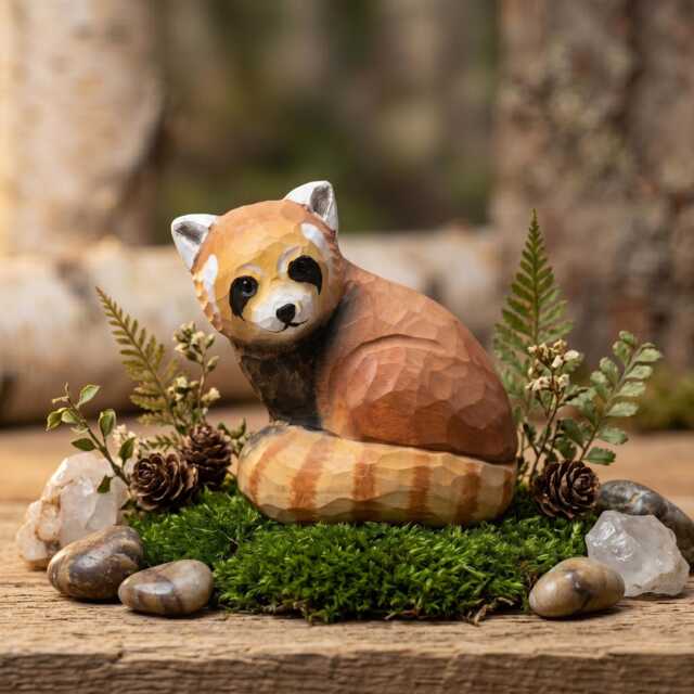 Whimsical Hand Carved Wooden Red Panda Figurine, Rustic Woodland Animal Decor, Cute Lover Gift, Unique Wood Art Shelf Sitter - image 1