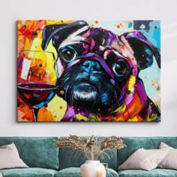 Pug Drinking Glass Of Wine Dog Pet Art Abstract Oil Painting Framed Poster Print & Canvas Wall Living Home Decor Interior Gift
