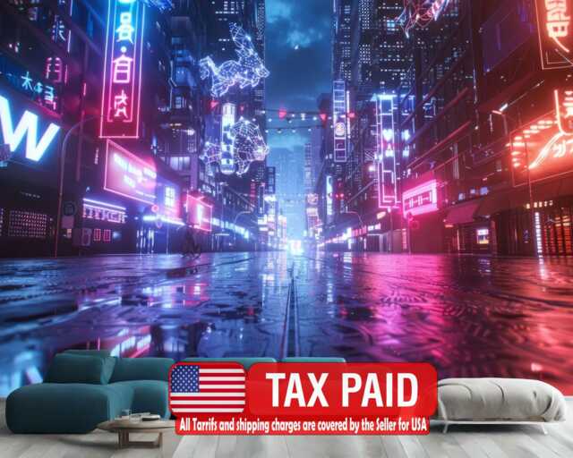 Futuristic Cyberpunk City Wallpaper Mural, Peel & Stick Wall Decal - image 1