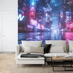 Futuristic Cyberpunk City Wallpaper Mural, Peel & Stick Wall Decal - thumbnail 2