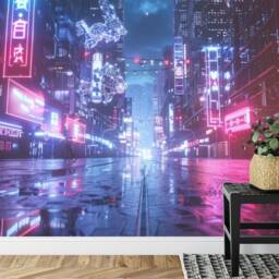 Futuristic Cyberpunk City Wallpaper Mural, Peel & Stick Wall Decal - thumbnail 3