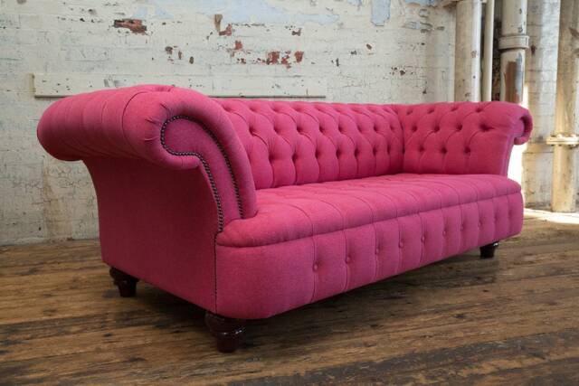 British Handmade 3 Seater Pink Wool Fabric Chesterfield Sofa, Settee, Couch - image 1