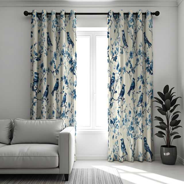 Blue Bird Curtains, Chinoiserie Style & Branch Drapes, Botanical Window Curtain Panels - image 1