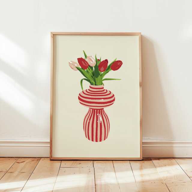 striped Abstract Tulip Flower Vase Print, Hand Drawn Botanical Illustration, Home Wall Print Decor Unframed - image 1