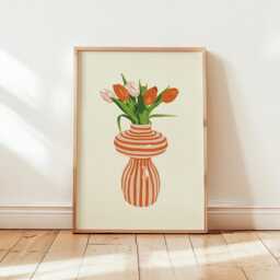 striped Abstract Tulip Flower Vase Print, Hand Drawn Botanical Illustration, Home Wall Print Decor Unframed - thumbnail 3