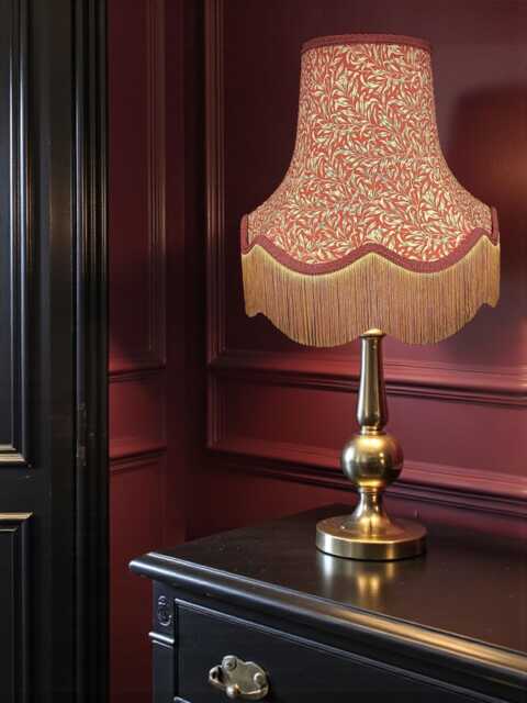 Traditional William Morris Crimson Red Willow Bough Scalloped Lampshades Burgundy Braid & Antique Gold Fringe, British Handmade - image 1