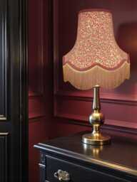 Traditional William Morris Crimson Red Willow Bough Scalloped Lampshades Burgundy Braid & Antique Gold Fringe, British Handmade