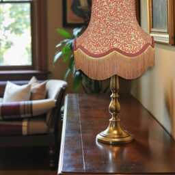 Traditional William Morris Crimson Red Willow Bough Scalloped Lampshades Burgundy Braid & Antique Gold Fringe, British Handmade - thumbnail 2