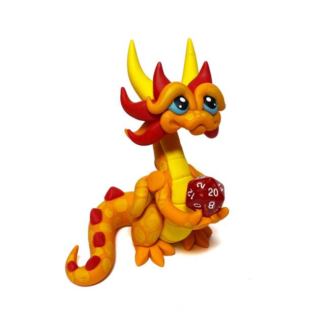 Mandar - Polymer Clay Dragon Dice Holder Orange, Yellow-Orange, & Red-Orange Dragonling Figurine - image 1