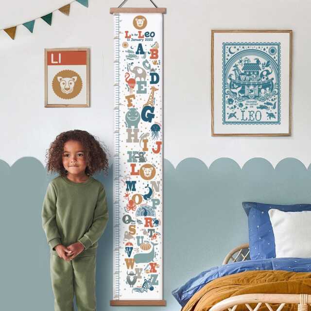 Personalised Animal Alphabet Canvas Height Chart, Kid's Growth Chart, Height Ruler, Wall Hanging, in Feet & cm's, Natural Or Pastel Nursery - image 1
