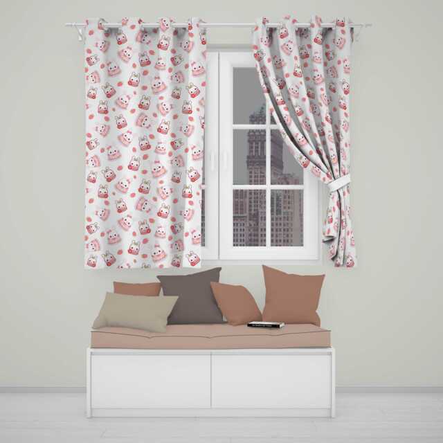 Cute Strawberry Bunny Macaron Dessert Kawaii White Background Seamless Pattern Readymade Eyelet Ring Top Thermal 100% Blackout Curtains - image 1