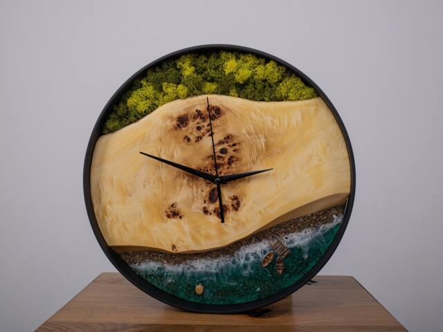 Handmade Wooden Wall Clock Beach Wave Moss Decor - 14 - image 1