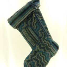 Christmas Stocking Wool Felt Repurposed Sweater Design History Blue Gray Black Zigzags Zipper Ooak Recycled Upcycled 983 - thumbnail 2