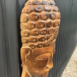 Large Buddha Head Carving Handmade Wall Hanging - Albesia Wood Decoration - thumbnail 2