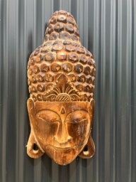 Large Buddha Head Carving Handmade Wall Hanging - Albesia Wood Decoration - thumbnail 1