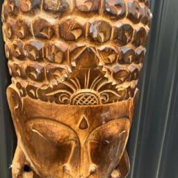 Large Buddha Head Carving Handmade Wall Hanging - Albesia Wood Decoration - thumbnail 3