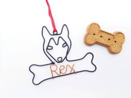 Wire Siberian Husky Ornament, Personalized Dog Bone Christmas Gift - thumbnail 1