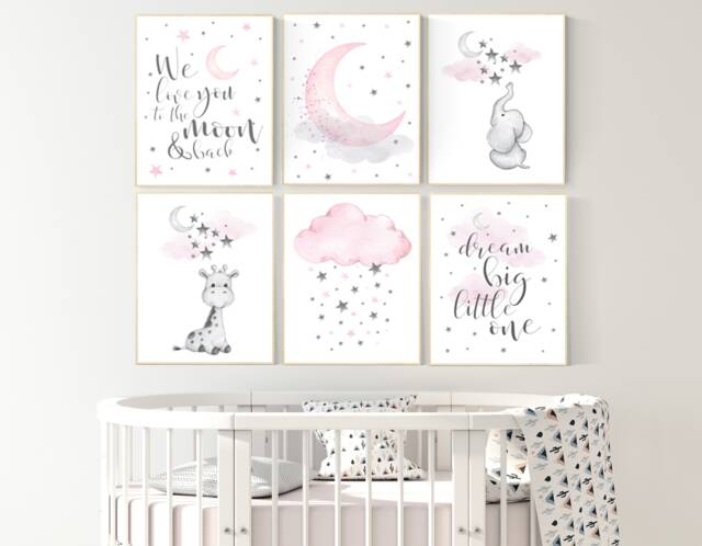 Elephant Giraffe Nursery Print Moon Stars Girl Room Wall Art - image 1