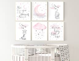 Elephant Giraffe Nursery Print Moon Stars Girl Room Wall Art - thumbnail 1