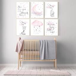 Elephant Giraffe Nursery Print Moon Stars Girl Room Wall Art - thumbnail 2