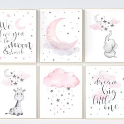 Elephant Giraffe Nursery Print Moon Stars Girl Room Wall Art - thumbnail 3