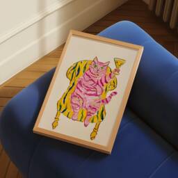 Funky Pink Cat Martini Art Print, Kitsch Decor - thumbnail 2