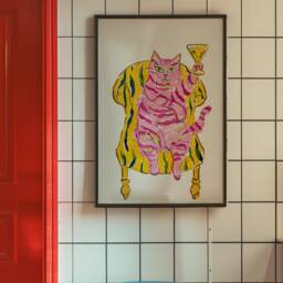 Funky Pink Cat Martini Art Print, Kitsch Decor - thumbnail 3