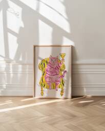 Funky Pink Cat Martini Art Print, Kitsch Decor - thumbnail 1