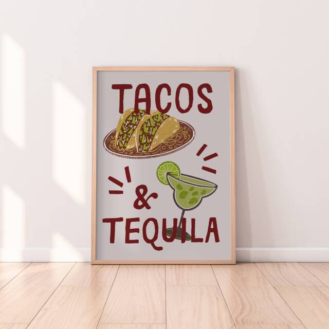 Tacos & Tequila Print - Retro Kitchen Print, Margarita Food & Drink Art, Bar Cart Decor, Cocktail Restaurant Decor - image 1