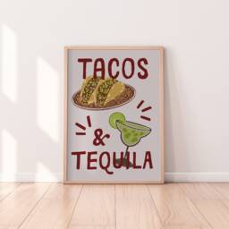 Tacos & Tequila Print - Retro Kitchen Print, Margarita Food & Drink Art, Bar Cart Decor, Cocktail Restaurant Decor - thumbnail 1