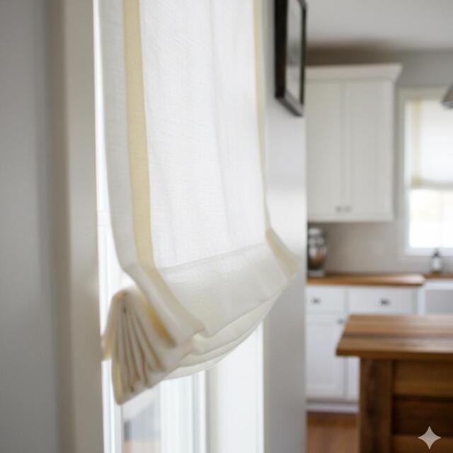 White Linen Relaxed Roman Shades With Cream Bordered Trim, Cl1010 - image 1