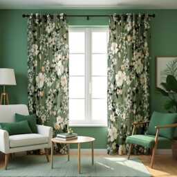 Green Floral Curtains, Vintage Botanical Print Drapes With White Blossoms, Custom Made Eyelet Or Rod Pocket Panels