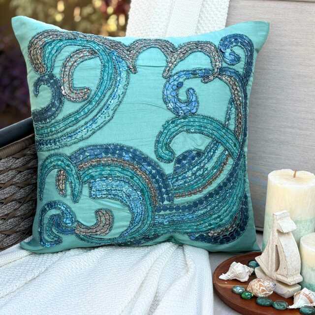 Bead & Sequin Abstract Pattern Art Silk Blue Pillow Sham, 24x24/26x26, Mediterranean Style Euro Square Pillowcase - Tides - image 1