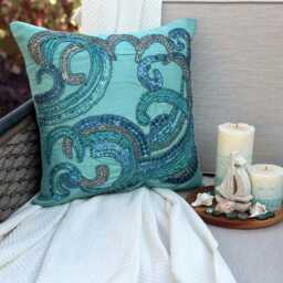 Bead & Sequin Abstract Pattern Art Silk Blue Pillow Sham, 24x24/26x26, Mediterranean Style Euro Square Pillowcase - Tides - thumbnail 3
