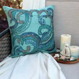 Bead & Sequin Abstract Pattern Art Silk Blue Pillow Sham, 24x24/26x26, Mediterranean Style Euro Square Pillowcase - Tides - thumbnail 3