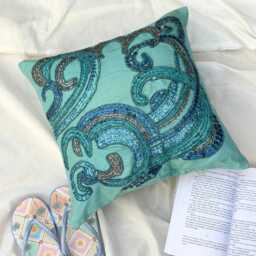Bead & Sequin Abstract Pattern Art Silk Blue Pillow Sham, 24x24/26x26, Mediterranean Style Euro Square Pillowcase - Tides - thumbnail 2