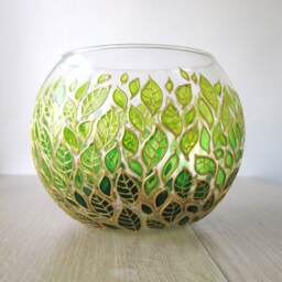 Hand Painted Floral Glass Planter Green Gradient Leaf Vase - thumbnail 3