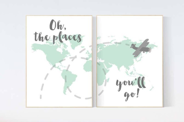 Mint World Map Nursery Art Print Travel Theme Decor - image 1