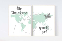Mint World Map Nursery Art Print Travel Theme Decor - thumbnail 1