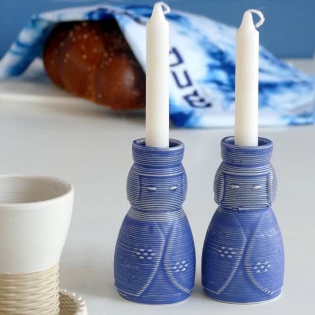 Pair Of Shabbat Candleholders, Off White Ceramic With Blue Glaze, 3D Printed Clay Candlesticks, Inspired By Kokeshi Doll - image 1