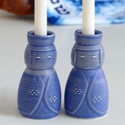 Pair Of Shabbat Candleholders, Off White Ceramic With Blue Glaze, 3D Printed Clay Candlesticks, Inspired By Kokeshi Doll - thumbnail 2