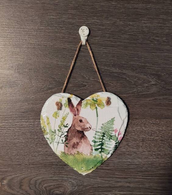 Hare Rabbit Slate Heart Plaque Spring Wall Decor - 15cm - image 1